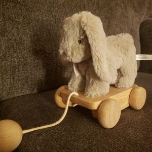 POTTERY BARN KIDS Plush Gray Pink Bunny Rabbit Wooden Pull Toy Baby Gift Infant